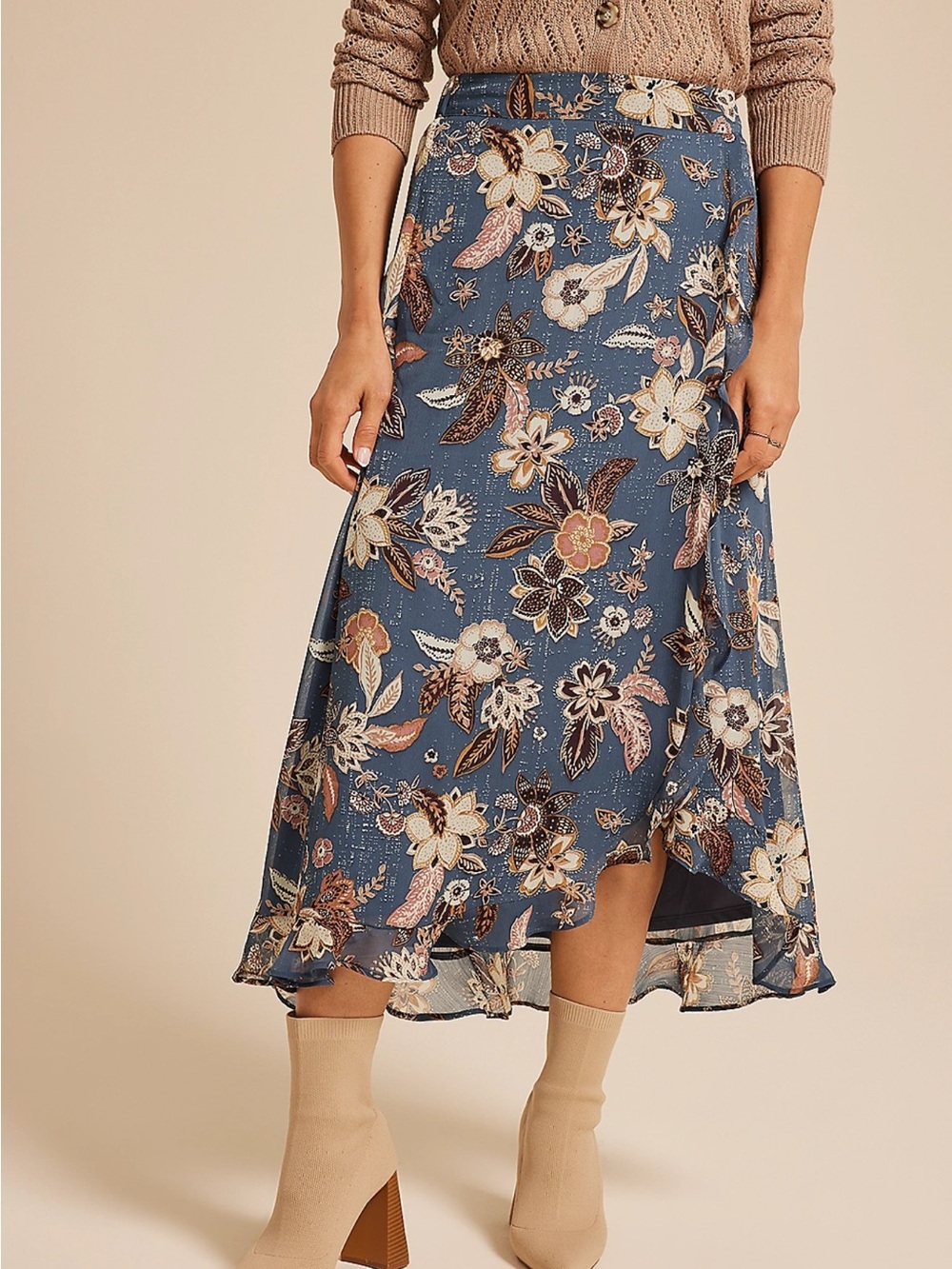 Maurices Blue Floral Faux Wrap Maxi Skirt with Ruffle Hem Large